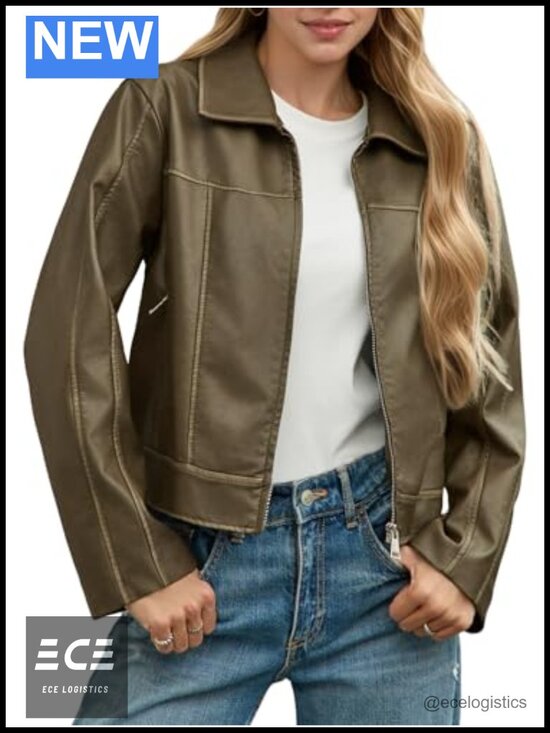 Jackets & Blazers - Womens Faux Leather Jacket Zip Up Motorcycle Long Sleeve Cropped Coat